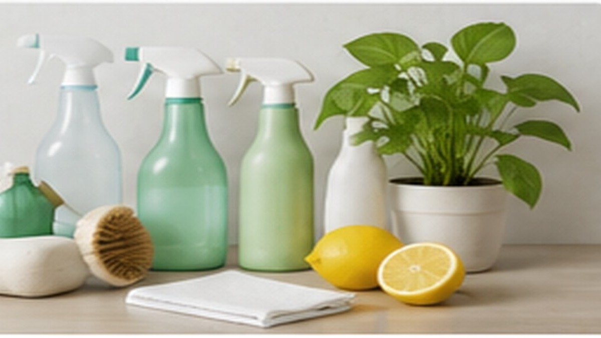 Eco-friendly cleaning products and reusable supplies in a bright Ottawa home