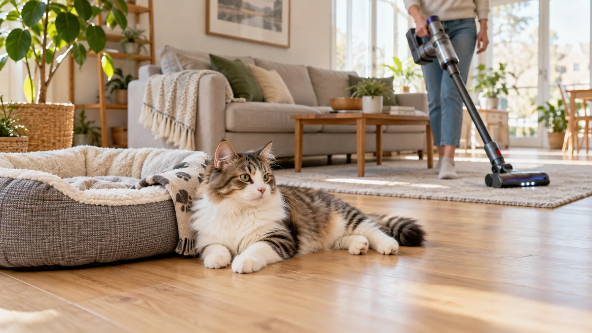 Cat resting on the floor while a homeowner vacuums