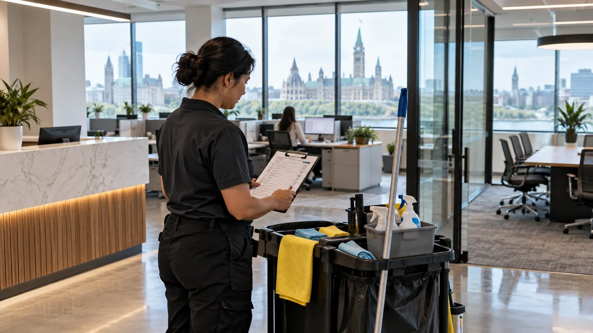 Cleaner reviewing a checklist in an Ottawa office
