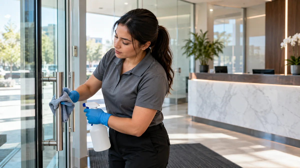 Cleaner wiping a high-touch door handle in a modern office